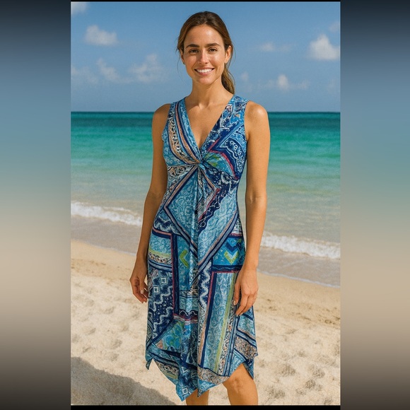 Chico's Dresses & Skirts - Chicos Long Sleeveless Dress Blue Abstract Asymmetrical Hem Small (4) Chicos 0